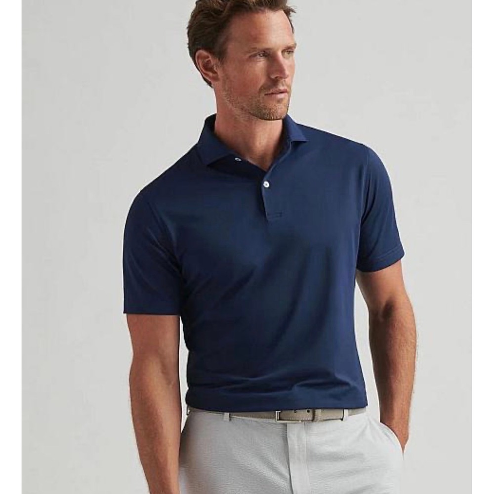Peter Millar Mens Navy Blue Performance Golf Polo Gingham Trophy Logo Size L